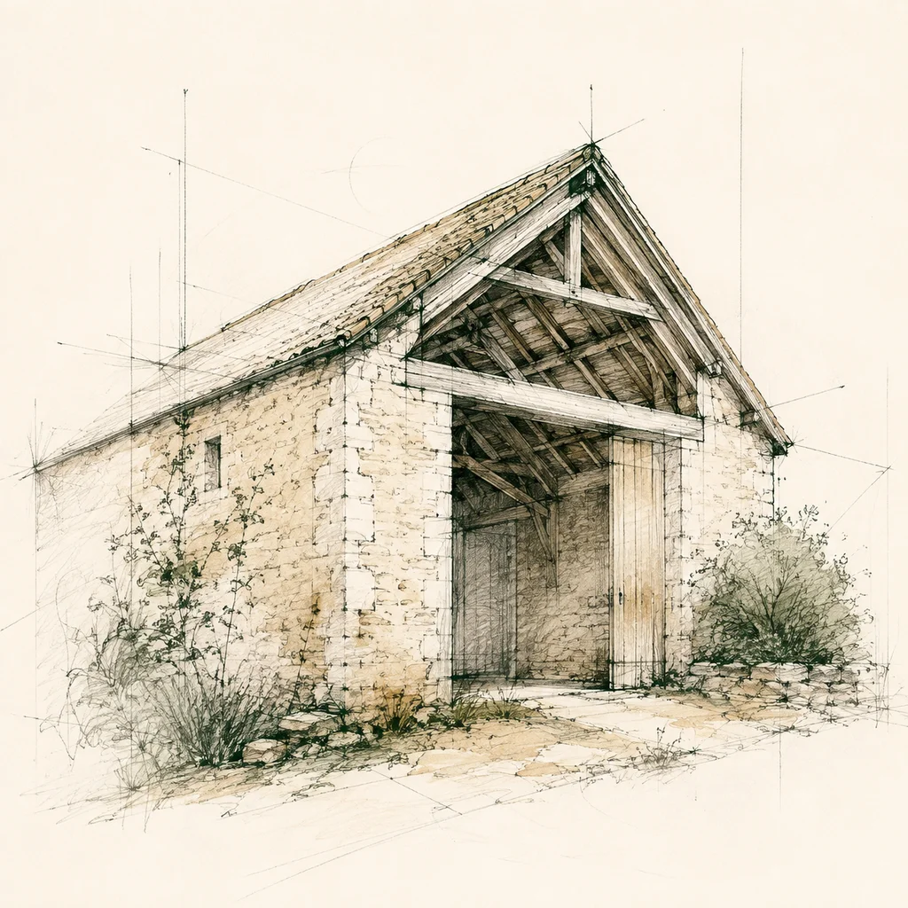 Esquisse architecturale d’intention d’une grange, générée par IA