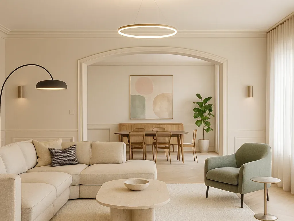Projection IA du séjour rénové avec salon et salle à manger contemporains