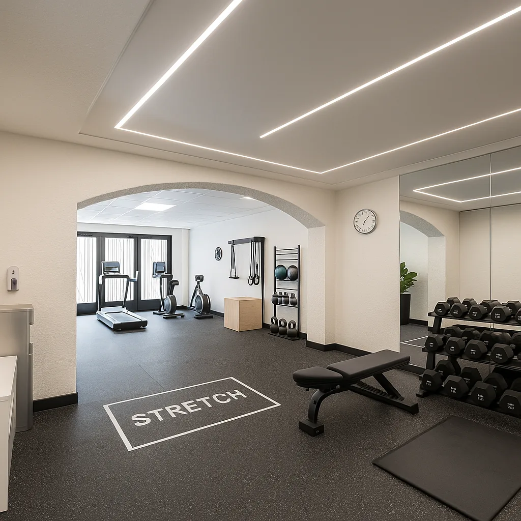 Projection IA du bureau du sous-sol aménagé en salle de sport privée