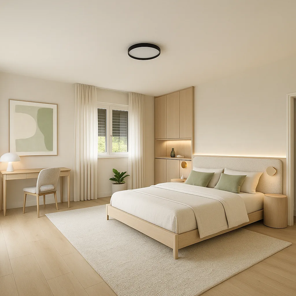 Seconde projection IA d’une grande chambre contemporaine à Vermondans