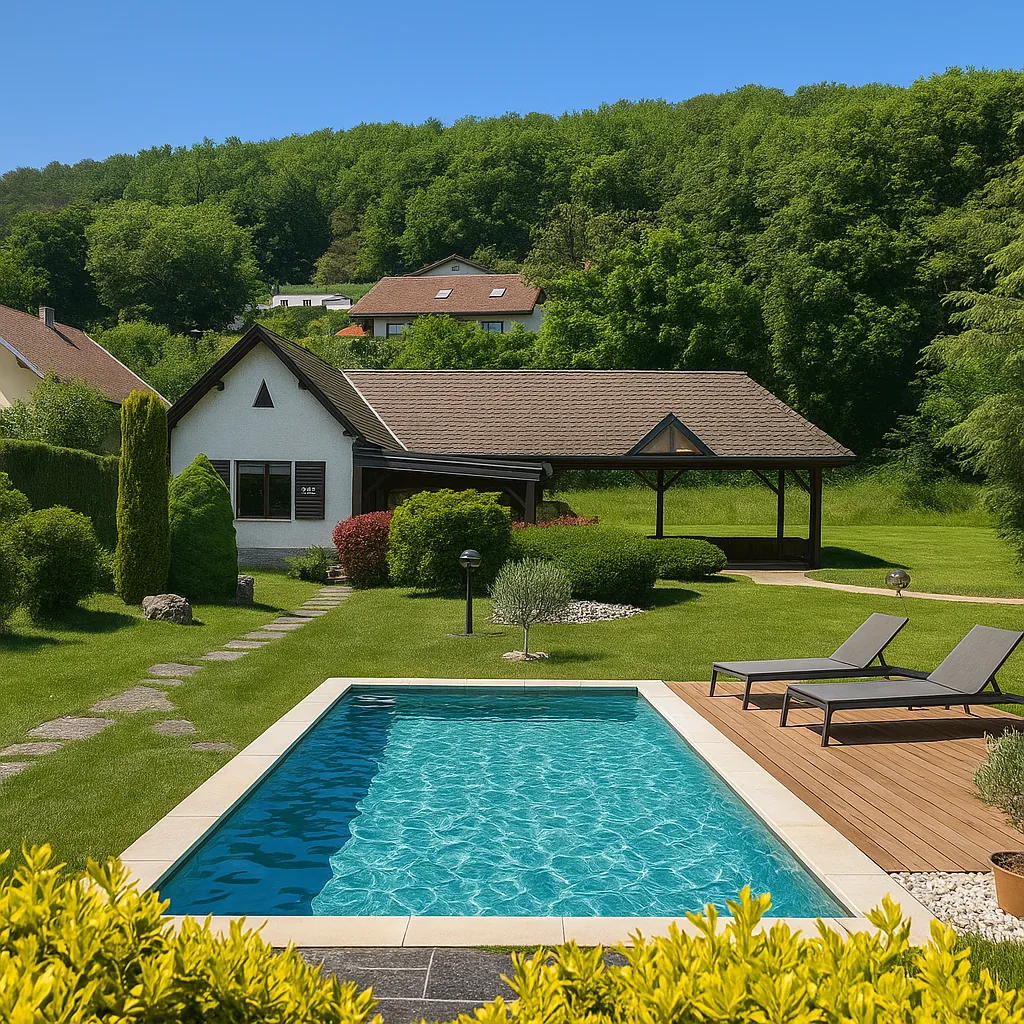 Projection IA du grand jardin de 3 200 m² avec une piscine devant le pavillon