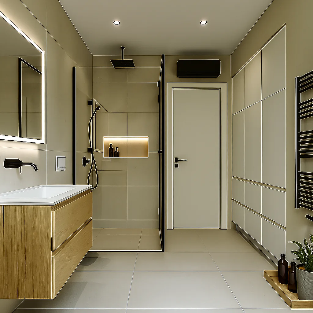Projection IA de la salle de bain du rez-de-chaussée entièrement réaménagée